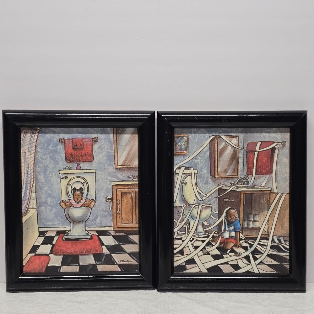 R. Woodrum Afro American Painting Art Lithograph On Canvas Kids In Bathroom Set